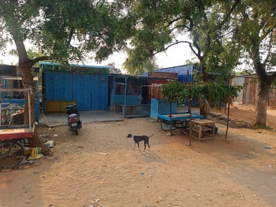 The image depicts an outdoor scene in Kothacheruvu, India. The ground is sandy and strewn with litter. In the background are several small businesses with blue metal shutters, and some shops with open fronts. A black and white dog stands in the center of the frame. A scooter is parked near the shops. Various wooden carts and tables are scattered around the area, some under trees. Trees with dense foliage provide shade over the scene.