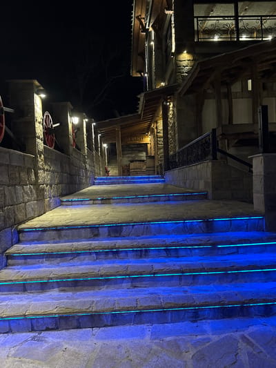 This is an eye-level, outdoor shot in Medovo, Bulgaria, featuring a distinctive stone building illuminated at night. The building appears to be a multi-story structure with a rustic design, incorporating wood and stone elements. On the right, a tall stone wall is adorned with vertical blue neon lights, creating a striking visual contrast against the building's stonework.
On the left, the building has a window with decorative ironwork. Other architectural features include wooden beams, awnings, and what appears to be a staircase or ramp leading up the building. Along this pathway are mounted lanterns or lights illuminating the steps. Red wheels are visible, possibly part of a decorative or functional mechanism attached to the building. The sky in the background is dark, suggesting a nighttime setting.