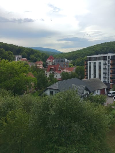 This is a high-angle, medium shot of a residential area in Solnechnoye, Ukraine, featuring a mix of modern and older buildings nestled amongst lush green trees and rolling hills under a cloudy sky. In the foreground, dense, dark green foliage dominates the lower half of the frame. Behind this, a row of houses with dark grey, pitched roofs is visible. Further back, a cluster of red-roofed buildings and a modern, white apartment building with dark balconies and numerous windows are prominent. The apartment building is on the right side of the image, taller than the surrounding structures. In the middle ground, more residential buildings are scattered, some with red roofs, blending into the surrounding greenery. The background shows a gentle, tree-covered slope leading up to a distant, hazy blue mountain range. The sky is overcast with varying shades of grey and white clouds. A white minivan is parked in front of one of the houses.