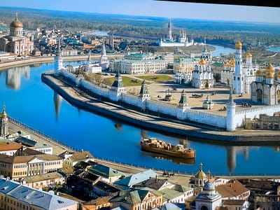 The image depicts an aerial view of a city, likely a historical or artistic rendering, with prominent white walls, numerous spires topped with golden domes, and a wide, calm river flowing through it. The architecture suggests a European city, possibly of Russian influence due to the onion domes. Buildings are densely packed, with many featuring light-colored facades and pitched roofs. In the foreground, there are clusters of smaller buildings with varied roof colors, including green and brown. A single wooden barge is visible on the river, carrying cargo. The environment is bathed in bright sunlight, casting clear reflections on the water. The distant background shows a treeline and a clear sky. There are no discernible people, animals, or modern vehicles. The overall impression is one of a grand, historical urban landscape. This scene does not appear to be located in Hoppegarten, Germany, as the architectural style and landscape are not consistent with that region.