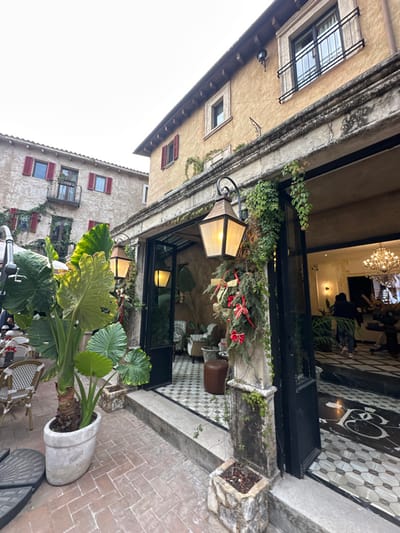 An outdoor setting with architectural details and greenery. A light-colored building with windows and a wrought-iron grate is seen on the left. A light fixture extends from the building, partially obscured by plants. Through an open doorway, a glimpse of a tiled floor and interior furnishings is visible. In the foreground, a large potted plant with broad leaves and a seating area suggest an outdoor cafe or restaurant space.