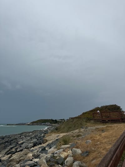 The image depicts a coastal scene in Courtown, Ireland, on an overcast day. The foreground is dominated by a rocky shoreline, with large, grey stones forming a natural barrier against the sea. Beyond the rocks, the turquoise water of the ocean meets a sandy beach. In the middle ground, a grassy, elevated area slopes upwards, featuring a wooden boardwalk with railings. A person wearing a white t-shirt is standing on the boardwalk, looking out towards the water. A small, distant town is visible on the coastline, characterized by houses and a hill dotted with green vegetation. The sky is filled with dark, heavy clouds, suggesting impending rain. The overall atmosphere is somber and rugged, typical of a maritime environment.