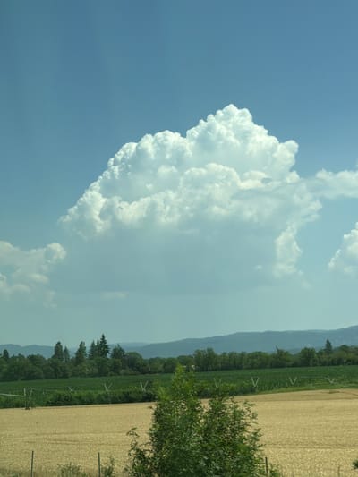 This media file captures a rural landscape under a bright sky. The scene is dominated by a large, white cumulus cloud formation that extends across the upper left portion of the frame. The cloud is textured and appears to be the focal point of the sky.

To the right of the clouds, a field of dry, light-colored crops, possibly harvested wheat or corn, stretches towards a line of lush green trees. Beyond the trees, a gentle slope of hills is visible, shrouded in a light haze. A man-made irrigation system, characterized by its horizontal pipes and V-shaped supports, is present within the cultivated field. The overall setting suggests a warm, sunny day, likely late spring or summer, given the dryness of the field and the presence of full green foliage.

The orientation of the image is vertical, with the sky and clouds positioned to the left and the land elements to the right. The soft lighting indicates it is likely daytime, possibly mid-morning or afternoon. There is no visible text in the image. The scene evokes a sense of peacefulness and the vastness of nature. The image was taken in Villieu-Loyes-Mollon, France.