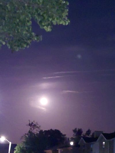 This is a nighttime photograph taken in Nicholasville, United States of America, depicting a purple-hued sky with a bright full moon. In the foreground, the silhouette of trees and rooftops of houses are visible. A street light illuminates the bottom left of the image. There are no people or animals visible in the photograph. The overall atmosphere of the image is serene and tranquil.