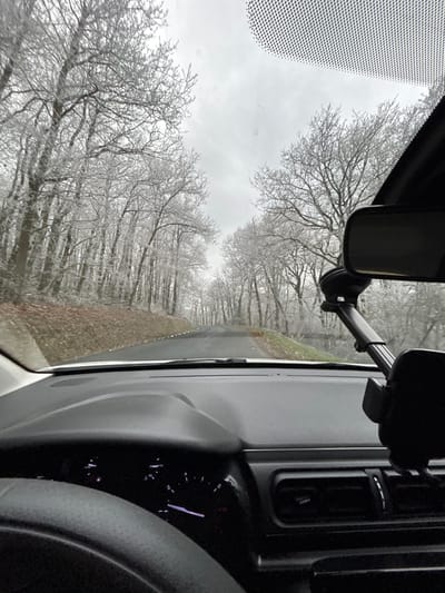 The image depicts a driver's perspective from within a vehicle on a rural road in Saint-Romain-en-Gal, France, during winter conditions. The foreground reveals the dark dashboard, a partial view of the steering wheel, and an illuminated instrument cluster on the left. A black phone mount with an adjustable arm is suction-cupped to the right side of the windshield, below the rearview mirror, which is also visible. The upper windshield area features a black dot matrix pattern.
The road ahead is asphalt, dark gray, and appears to curve gently to the left while ascending. Small, white markers line the left edge of the roadway. Both sides of the road are bordered by dense deciduous trees, all of which are bare of leaves. Their branches and twigs are heavily coated in a visible layer of white frost or ice, creating a stark, monochromatic landscape. The ground alongside the road is covered with brown leaf litter and some sparse green vegetation. The sky is uniformly overcast and light gray, indicating a dull, cold day. No individuals or other vehicles are visible in the scene.