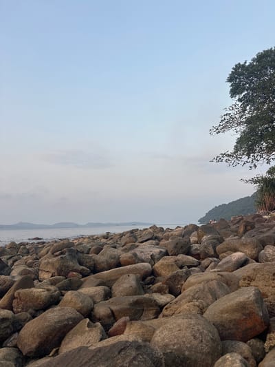 The scene depicts a rocky coastline in Preah Sihanouk, Cambodia, under a clear, light blue sky with faint cloud cover. The foreground and midground are covered extensively by numerous, irregularly shaped boulders and smaller rocks of varying sizes, predominantly in shades of grey and brown, some appearing wet or smoothed by water. To the left, the calm sea extends to a distant horizon, where faint landmasses, possibly islands or distant shores, are visible, along with several indistinct vessels on the water. To the right, a densely vegetated hillside or cliff rises steeply from the rocky shore, covered in green foliage, including the upper branches of a large tree extending into the upper right corner of the frame. Two individuals are seated on the rocks at the base of this hillside, near the water's edge, their exact activities indistinguishable due to distance.