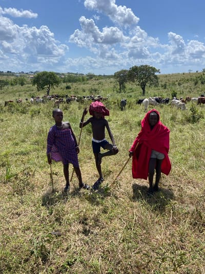 Three children, clad in different colored patterned fabrics, stand in a grassy field, each holding a thin wooden stick. They appear to be herding a large group of livestock, likely goats or sheep, visible in the background. The sky is blue with puffy white clouds. Trees dot the horizon.