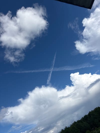 The image depicts a blue sky with scattered white clouds, partially obscured by a dark overhead structure. Two contrails intersect, forming a cross shape in the sky. One contrail runs horizontally across the image, while the other runs vertically, with its lower portion extending diagonally. Below the sky, a dense, dark green forest lines a sloping terrain. The scene appears to be an outdoor view of the sky and a natural landscape, possibly from a high vantage point or looking upwards. The location of Всеволодово, Russia, is not visually discernible from the image itself.