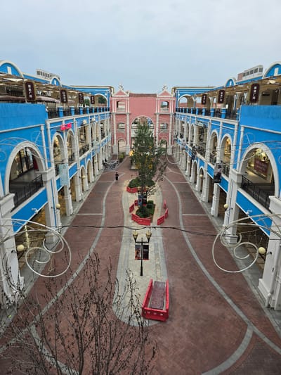 The image shows an outdoor shopping arcade with a distinct European architectural style, located in the city of Fuyang, China. The buildings are painted in bright blue and pink, featuring white arched colonnades on two levels. Shops are visible behind the arches, with some displaying signage. A central pathway paved with red bricks winds through the arcade, bordered by planters with trees and decorative elements. Two lampposts with banners stand along the path. In the foreground, bare tree branches obscure the view slightly. Several people are sparsely distributed throughout the arcade, with one person walking in the middle of the pathway and others visible on the upper balconies. One section of the path has red construction barriers and a wooden structure. The sky is overcast.