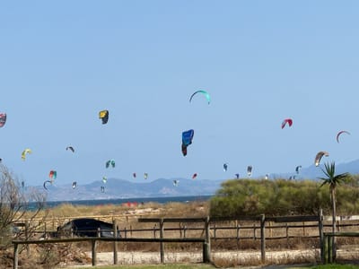 The image captures a coastal scene in Tarifa, Spain, under a clear blue sky. The foreground features a wooden fence and dry vegetation, with a dark-colored vehicle parked behind the fence on a dirt path. Beyond this, a beach stretches out, bordered by the sea. The water is a deep blue, with a distant shoreline visible in the background featuring rolling hills and mountains.
The sky is filled with numerous colorful kitesurfing kites, indicating a popular spot for this activity. These kites vary in size, shape, and color, with some exhibiting distinct patterns. They are scattered across the sky at different altitudes and distances, with some appearing very small and distant, while others are closer and more detailed. The overall impression is one of a vibrant and active day at the beach, with kitesurfing being the main focus of the activity.