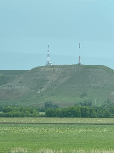 The image depicts a rural landscape in Ильчигулово, Russia, under an overcast or hazy sky. A large, gently sloping hill occupies the middle ground, covered predominantly by sparse green vegetation with visible patches of darker earth or shadows. Atop the hill, two cellular or radio transmission towers are prominent. The tower on the left is taller, featuring a white upper section with antennas and a lower red-brown lattice structure, adjacent to a small white building or enclosure. The tower on the right is shorter, primarily red-brown lattice, also equipped with antennas, and situated near another small building or enclosure.
Below the hill, a dense line of deciduous trees forms a green band across the scene. A solitary, light-colored, bare tree trunk stands out against the darker foliage on the right side of this treeline. The foreground consists of multiple horizontal strips of agricultural land. Immediately below the treeline is a field of light green with scattered yellow-white blooms or patches. Below this, a darker green field features a distinct horizontal dark brown strip, possibly a tilled row or track. The lowest section of the foreground is a bright green field with visible vertical textures, indicative of grass or a cultivated crop. No human figures or animals are visible in the scene. The lighting is diffused, suggesting an overcast sky.