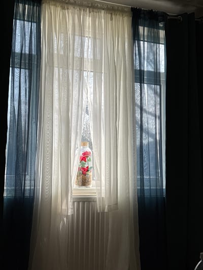 This image depicts an interior view of a room in Basildon, United Kingdom, focused on a backlit window during daylight hours. The window features multiple layers of window coverings: a pair of sheer, off-white curtains in the center, flanked by a pair of sheer, dark blue curtains. Outermost, partially drawn to the sides, are heavy, dark blue or black grommet-top curtains. A clear glass bottle, sealed with a cork, rests on the white window sill. Inside the bottle are several artificial red roses with green leaves, set within a bed of light brown granular material. Directly beneath the window sill is a white, horizontally mounted radiator with visible vertical fins. Through the sheer curtains, the faint outline of bare tree branches or sparse foliage is discernible against a bright, overcast sky. No individuals are present within the scene.