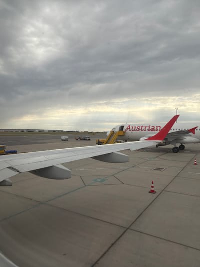 The image shows an Austrian Airlines Airbus A320 parked on the tarmac at Vienna International Airport (VIE), near Fischamend, Austria. The red and white Austrian Airlines livery is clearly visible on the tail. A passenger boarding bridge is connected to the aircraft. A wing of the plane occupies much of the foreground. The tarmac is a concrete surface. Orange traffic cones are placed nearby. The sky is overcast. In the distance, airport infrastructure and vehicles are visible.