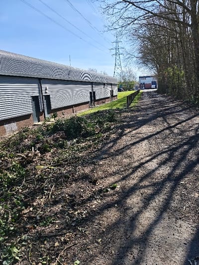 This image depicts a sunlit industrial or semi-rural fringe area in Swindon, United Kingdom. The scene is dominated on the left by a long, single-story industrial building featuring a distinctive corrugated metal arched roof and horizontal corrugated metal siding above a low brick base. At least two dark-colored rectangular access doors are visible along its length.
Adjacent to the building, a strip of green grass borders a large, recent accumulation of cut tree branches, twigs, and green foliage. A series of evenly spaced wooden bollards separates this grassy area from an unpaved dirt or gravel track that extends diagonally from the foreground into the background. The track exhibits tire marks and is partially covered by long, parallel shadows cast by a dense line of bare deciduous trees on the right side.
In the mid-ground, beyond the first building, another, lighter-colored industrial structure with a flat roof is discernible. The background features a tall metal lattice-type electrical pylon, with multiple overhead power lines stretching across a clear blue sky. No individuals or active vehicles are present within the scene.