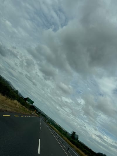 The image shows a downward-angled view of a rural highway in the city of New Ross Municipal District, Ireland. The road is asphalt with yellow and white lane markings. Guardrails line the right side of the road. On the left, dry grass and trees are visible. A green highway sign with white text is positioned on the left side of the road, indicating directions to "Enniscorthy" and "Waterford". The sky is overcast with layers of grey and white clouds. The overall scene suggests an overcast day on a well-maintained road in a rural setting.