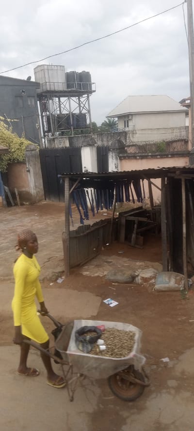 The image captures a street scene in Ezinifite, Nigeria, under an overcast sky. A young female, wearing a yellow long-sleeved dress and multi-colored sandals, pushes a metal wheelbarrow across a dirt and concrete surface from right to left. The wheelbarrow is laden with numerous light-brown, shelled objects, a black plastic bag, and two white cylindrical containers. To the right of the individual, a dilapidated stall or shelter constructed from corrugated metal and wood stands, with multiple blue fabric strips hanging vertically inside. In the background, a tall metal water tower supports several black plastic water tanks and a large rectangular metal tank. Behind the stall, a concrete wall topped with barbed wire secures a property, featuring a large black gate. To the far left, a dark-colored multi-story building with a satellite dish is visible, while to the far right, a lighter-colored building with a pitched corrugated roof can be seen. The ground is uneven, showing areas of reddish-brown soil and patches of concrete, with some scattered refuse.