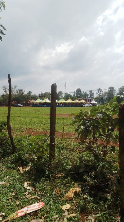 The scene depicts an outdoor gathering in a grassy field within Siaya Township ward, Kenya. The foreground features unkempt ground covered with green grass, patches of reddish-brown soil, and scattered litter including crumpled paper and plastic. A makeshift fence composed of three weathered, dark wooden posts and barbed wire strands partially obstructs the view. Low-lying green foliage and bushes grow immediately behind the fence line.
In the midground, an expansive green field with visible dirt paths hosts a series of structures. A line of at least six conical tents, predominantly striped in yellow/gold and green, are erected across the field. A single white tent is positioned further to the right. Underneath the striped tents, rows of blue plastic chairs are arranged, occupied by numerous individuals attending the event. Two vehicles are present: a dark-colored sedan parked to the left of the tent line and a white sedan parked further right, near the white tent.
The background consists of a dense line of trees with green foliage. A cellular tower with multiple tiers rises above the tree line towards the center-right. Faint outlines of structures with reddish roofs are visible through the trees on the far left. The sky overhead is largely overcast, dominated by diffuse white and light gray clouds.
