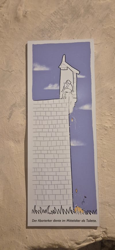 This media file features a cartoon illustration on a rectangular card, possibly a sign or educational material. The illustration depicts a simplified medieval structure, resembling a privy or garderobe, protruding from a building. A figure, drawn in a minimalist style with a rounded head and body, is shown sitting on the privy. The background is a solid light purple, and below the privy is a detailed representation of brickwork.
To the right of the illustration, there is a vertical strip of text, written in German. The text appears to be an explanation or caption related to the image. The visible text reads: "Der Aborterker diente im Mittelalter als Toilette." This translates to: "The privy projection served as a toilet in the Middle Ages."
The overall scene is static, focusing on the historical function of such architectural features. There are no indicators of time of day, weather, or specific emotions conveyed by the drawing. The setting is implied to be historical, given the text. The context provided specifies the location as Sargans, Switzerland.