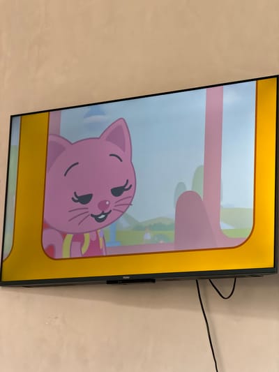 A flat-screen television mounted on a light-colored wall displays a cartoon image of a pink cat with closed eyes and a slight smile. The cat is wearing a pink outfit with yellow straps and a small star emblem. The background of the cartoon is a bright sky with some green hills. The TV itself is black with a thin black bezel. A black power cord hangs down from the bottom of the TV. The location is not identifiable as Krasnyi Krym, Russia.