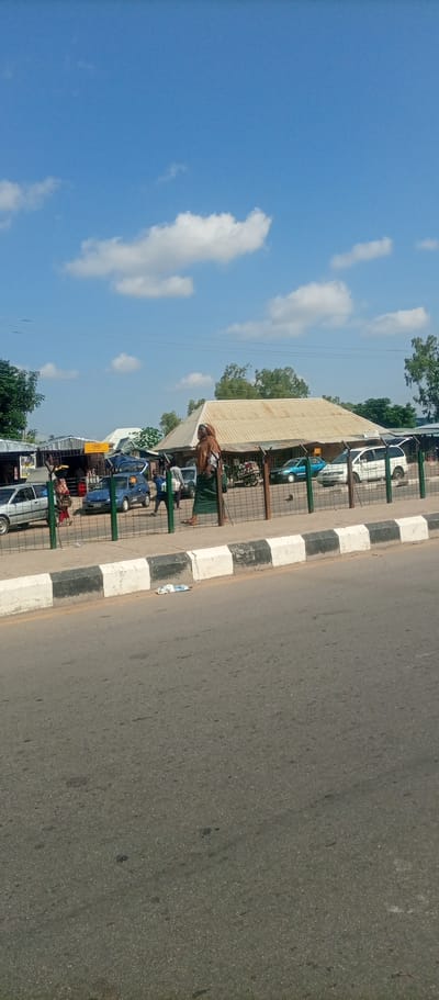 The image depicts a street scene in Gulum, Nigeria, on a clear day with a blue sky and scattered white clouds. The foreground features a paved road with a distinct curb, marked with alternating black and white stripes. A piece of white and blue refuse is visible on the roadside near the curb. Beyond the curb is a walkway or sidewalk, separated from the street by a metal fence.
Along the walkway, several people are visible. A woman, prominently positioned, is wearing a brown headscarf and a long green skirt, and appears to be holding a stick or pole. Other individuals, including some carrying items on their heads, are walking along the walkway. A few vehicles are parked or driving in the background, including a silver car, a blue car, and a white van. Behind the walkway and fence, a building with a light-colored, corrugated metal roof is situated, with various structures and trees visible in the distance. The overall environment suggests a bustling urban or semi-urban setting within Gulum.
