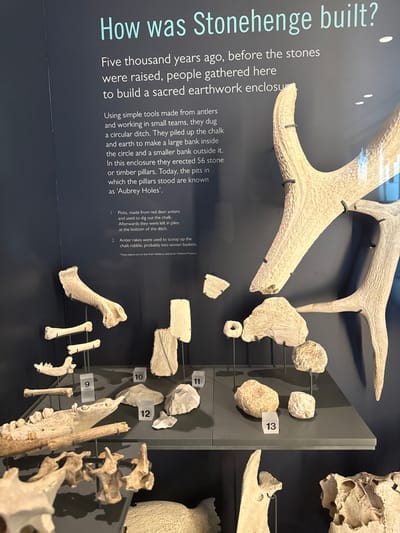 This image depicts an indoor museum exhibit located at the Stonehenge Visitor Centre, near Amesbury, United Kingdom. The exhibit features a large dark grey back panel with text in white and a blue-green heading. The heading reads "How was Stonehenge built?". Below it, white text explains the construction process of Stonehenge, referencing the use of simple tools made from antlers for digging and scooping chalk, and detailing the formation of the Aubrey Holes. The text also notes that the displayed objects are on loan from the Salisbury and South Wiltshire Museum.
Below the informational panel, two display shelves made of a grey material present various archaeological artifacts. The upper shelf, prominently featured, contains a collection of light-colored, presumably ancient, bone and antler tools and raw materials. A large, gnarled antler section is vertically mounted on the right side of the display, secured by black clips. To its left, several pieces of what appear to be chalk or stone tools and raw fragments are arranged on small, thin metal stands. Some pieces, like a flat rectangular block, are labeled with numbers such as "10" and "11". Further left on the upper shelf, various bone fragments, including a long bone section and a partial jawbone (mandible) with teeth, are displayed, with a stone labeled "9" nearby. Below the jawbone, a slender bone piece is visible. The lower shelf, partially visible at the bottom of the frame, shows additional bone fragments, including sections of vertebrae and other skeletal remains. The entire scene is brightly lit, highlighting the textures and details of the artifacts against the dark backdrop.