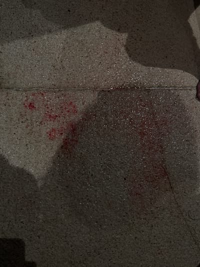 The image depicts a floor or ground surface, possibly tiled, with apparent stains or splashes of a reddish substance suggestive of blood. The surface appears to be damp or wet. The lighting is dim, and there are shadows suggesting an indoor location with overhead light. The location of Puerto Marqués, Mexico is not identifiable from the visual evidence.