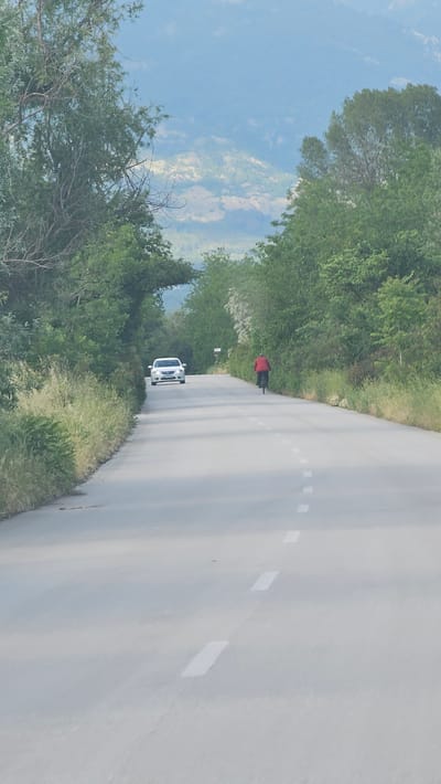 The image displays a rural asphalt road winding through a lush green landscape under a bright blue sky with scattered white clouds. The road, featuring a dashed white center line, is bordered on both sides by dense green trees and bushes, with some lighter green or white flowering plants visible on the left.
In the mid-ground, a white car, possibly an SUV, is seen on the road, heading towards the viewer. Further down the road, a person wearing a red top or jacket is visible on a bicycle, moving away from the viewer. The background, visible through gaps in the trees on the left, shows a distant blue expanse, hinting at hills or a valley.
The scene depicts a clear, bright daytime, suggesting good weather. The dense vegetation and winding road are characteristic of a natural, rural area, consistent with the region of Voiniagovo, Bulgaria. No visible text is present in the image.