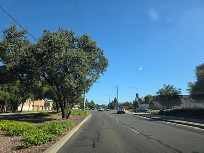 This is a wide-angle, eye-level, outdoor shot taken from a vehicle driving on a road in Elk Grove, California. The sky is a clear, bright blue, indicating a sunny day. The road has multiple lanes and appears to be a commercial area with buildings and businesses lining the right side.
Several cars are visible on the road, suggesting normal daytime traffic. On the left side of the road, there are trees, including a large, mature tree with a full canopy, and a landscaped area with green bushes and mulch. Utility poles and power lines stretch across the scene above the trees.
Buildings on the right side include a multi-story structure with a beige and orange facade, possibly a retail or office building. Another building appears to be made of stone and has a sign that is partially visible but unreadable. Further down the road, more trees and buildings are visible.
There are no people clearly visible in the image. The overall mood is bright and ordinary, capturing a typical daytime scene on a suburban road. No specific events or activities are occurring beyond normal vehicular movement and the presence of businesses. The time of day appears to be late morning or early afternoon, given the strong sunlight and clear sky.