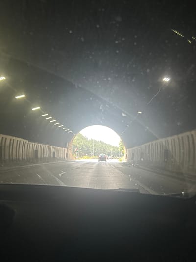 The image shows the interior of a tunnel, looking towards its exit. The tunnel is dark and lined with lights that are illuminating the path. On the right side of the tunnel, there is a concrete wall with a ridged texture. The left side of the tunnel also appears to be concrete, with lights embedded in it at intervals. The tunnel is wide and appears to accommodate vehicular traffic.
At the end of the tunnel, daylight is visible, with trees and some traffic on the road outside. There are several cars visible near the exit, suggesting that this is a road tunnel. The lighting from the exit creates a strong contrast with the darkness of the tunnel interior, with a bright, circular opening. There are some dust or water particles visible in the air within the tunnel, catching the light.
The scene depicts the experience of driving through a tunnel. The time of day appears to be daytime, given the bright light at the exit. There is no specific indication of weather conditions, other than the need for artificial lighting within the tunnel. The location is identified as Dolna Vasilitsa, Bulgaria. There is no visible text in the image. The overall mood is one of transition, moving from darkness to light.