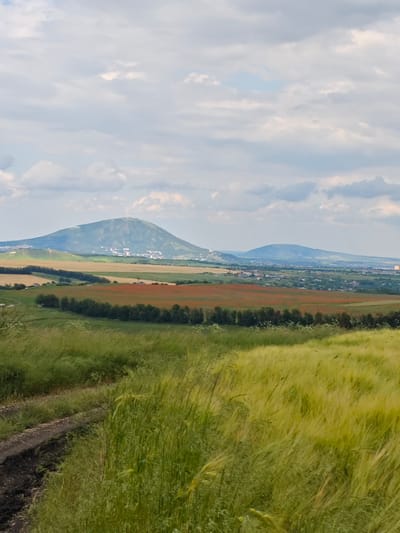 The image captures a panoramic landscape of rolling hills and mountains under a cloudy sky, with a dirt path leading through tall green grass in the foreground. In the mid-ground, fields of varying colors, including a prominent field of red poppies, are visible, interspersed with trees and scattered buildings. The background is dominated by two large, conical mountains. The larger mountain, to the left, is capped with a settlement or town and a prominent communication tower. The smaller mountain is visible to the right of the larger one. The scene appears to be located in or around the village of Yutsa, Russia, given the distinctive geological formations and landscape often associated with the region. There are no people or animals visible in the image.