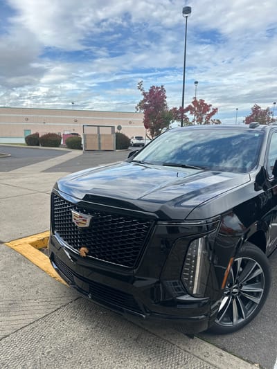 A black Cadillac Escalade SUV is parked on an asphalt surface, positioned at an angle with its front end facing right and slightly away from the camera. The vehicle's prominent black mesh grille displays the Cadillac crest, and a single light-brown leaf is lodged within the lower portion of the grille. The headlights feature vertical LED elements, and the front passenger-side multi-spoke wheel is partially visible. The glossy black hood and windshield reflect the overcast sky.
In the background, a large, single-story commercial building with light beige-pink exterior walls and a flat roof is present. A service area on the building's side features two large, light-colored panel gates with dark frames, flanked by green bushes. A tree with red and orange autumn foliage stands near the building. A tall black light pole with a cylindrical luminaire extends towards the cloudy, partly blue sky. Further in the distance, a white SUV is parked near a white stop sign. The foreground features concrete pavement and a yellow-painted concrete curb adjacent to the Cadillac.
The scene is located in the parking lot adjacent to the Ross Dress for Less store at 1695 N Riverside Ave, Medford, Oregon, United States.