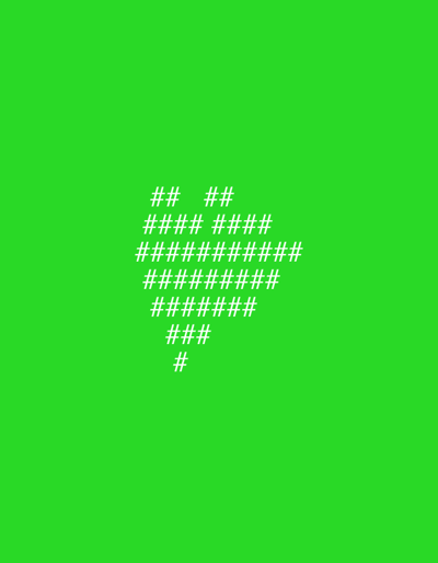 A simple heart shape is constructed from hash symbols against a solid green background. The heart, centered in the image, consists of white hash characters arranged in rows of varying lengths to form its iconic shape. The widest row is at the center, with rows gradually shortening towards the top and bottom to create the heart's contours. The background is uniformly green, offering a stark contrast to the white symbols.