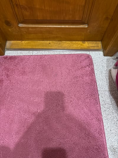 The image shows a close-up view of a pink textured rug placed on a speckled tiled floor, directly in front of a wooden door. The bottom of the door and the threshold are visible above the rug. The lighting suggests an indoor environment, possibly a doorway or entrance. There is no information available about the location in Novocherkassk, Russia.