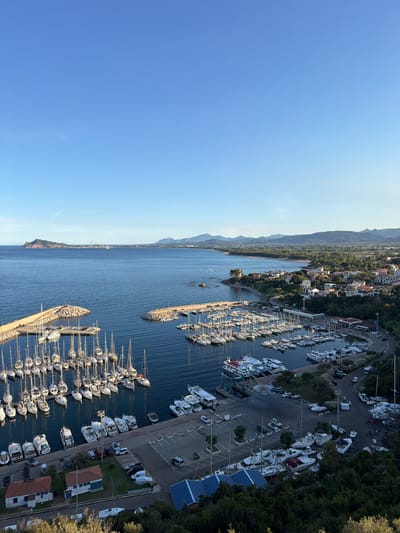 The image shows an aerial view of a harbor in Santa Maria Navarrese, Italy, filled with numerous sailboats and motorboats docked in the water. The harbor is protected by two stone breakwaters. Beyond the harbor, a coastal town with white and terracotta-roofed buildings is visible, nestled amongst lush green trees. In the background, a range of mountains can be seen under a clear blue sky. A road winds through the town, with several cars parked along it and in parking lots. A few buildings, possibly boat maintenance facilities, are situated near the shore. The overall scene depicts a serene coastal landscape with a thriving maritime activity.