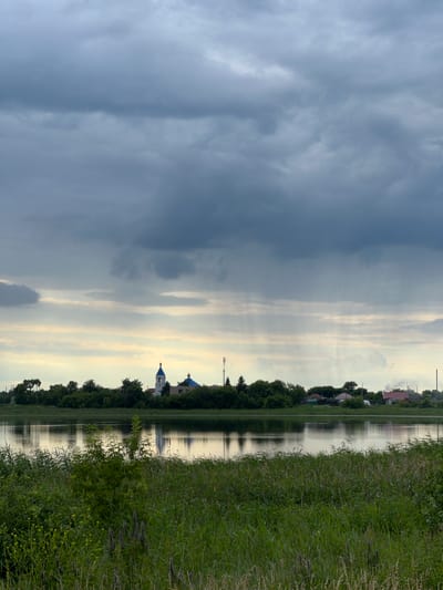 The image depicts a tranquil natural scene of a wide river and its verdant banks under a dramatic, overcast sky. In the background, across the river, a small settlement is visible, characterized by dense green trees, a few houses, and two distinct church buildings. One church features a tall, slender white belfry topped with a blue dome and a golden cross, while the other is partially obscured but also shows a blue dome. The sky is filled with heavy, dark gray clouds, with lighter patches of sky and streaks of sunlight breaking through in the distance, creating a diffused, atmospheric light. The river itself is calm, reflecting the sky and the distant shoreline with a muted sheen. In the foreground, the riverbank is densely covered with tall green grass and some wildflowers, creating a natural, untamed border to the water. The overall impression is one of peaceful, rural serenity, possibly captured during or just before a rainfall, given the cloud formations. The location is identified as Pivkino, Russia.
