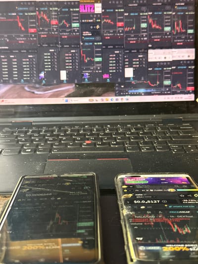 The image shows a laptop with multiple cryptocurrency trading charts displayed on its screen, and two smartphones laid out on the keyboard in front of it. The laptop screen displays several windows, each showing candlestick charts and trading data for various cryptocurrencies. The overall impression is one of active cryptocurrency trading. The scene is set in a dimly lit indoor environment. There is no visible indication of the city of Blangseureukuy, Indonesia.
