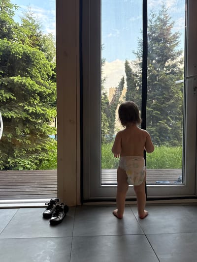 A young child in a diaper stands in front of a screen door, looking out at a view of greenery. The child's back is toward the camera. The screen door is set in a light-colored frame. Inside, the floor is tiled in gray. A pair of black sneakers is near the door. Outside, the view includes trees and grass, suggesting a natural or suburban setting. The photograph appears to be taken in a well-lit interior space, with the outside scene visible through the screen door. Location: Чёрное, Russia.