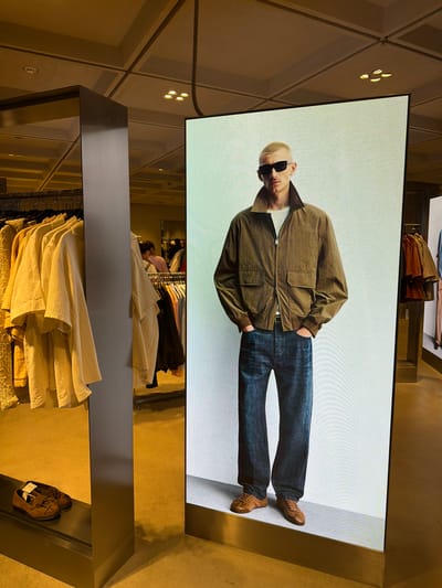 The image depicts a retail environment, possibly a clothing store, with a large digital display showcasing a male model. The model is wearing a brown bomber jacket, a white t-shirt, dark wash jeans, and brown shoes. He is also wearing sunglasses. The digital display is positioned in front of racks of clothing, some of which are light-colored shirts. To the left of the display, a metallic pillar is visible, reflecting the clothing racks and a hint of the store's interior. In the foreground, on a shelf, a pair of brown suede loafers is displayed. The flooring appears to be a concrete or polished stone surface with a yellowish hue, suggesting indoor lighting. The background shows more clothing racks and a glimpse of other patrons within the store. The overall impression is of a modern retail space featuring a promotional display. The image does not provide any specific information or context to place it in the Qinhuai District of China.