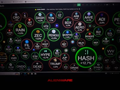 The image shows a dark computer screen displaying a cryptocurrency market visualization. The visualization consists of numerous circular bubbles of varying sizes and colors, representing different cryptocurrencies. Each bubble contains the cryptocurrency's ticker symbol, its name, and its percentage change. The colors of the bubbles, primarily red and green, indicate whether the cryptocurrency's value has decreased or increased, respectively. Some bubbles are larger and more prominently displayed, suggesting greater market activity or significance.
The screen is likely positioned in an indoor environment, given the absence of natural light and the presence of computer peripherals visible at the bottom of the image. The bottom of the screen also displays what appears to be an operating system taskbar with icons and text, further confirming the setting as a computer workstation. The overall impression is of a user monitoring financial market data. There is no indication of a city location, specific buildings, or outdoor environmental elements that would allow for localization to Užuežerė, Lithuania, or any other city.