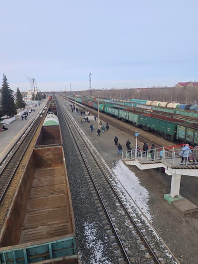 This elevated view captures a railway station in Pyt'-Yakh, Russia, under an overcast light-blue sky, likely during winter or early spring due to scattered snow on the ground. Multiple parallel railway tracks stretch into the distance, populated by various trains and flanked by platforms.

On the left, a concrete platform hosts several people, some walking, others sitting on benches. Behind the platform, evergreen trees and industrial-style buildings with a smoking chimney are visible. Farther down the tracks, a red and orange locomotive of a passenger train can be seen.

The foreground features a long line of empty, rusty-brown open-top freight cars (gondola wagons) on the closest track. Adjacent tracks hold other freight, including a white and green tank car, with "TRANSPORTER" faintly visible on its side. Further right, a long line of green freight cars, primarily open-top gondola wagons, and additional tank cars are parked. Visible numbers on two green wagons include "492012" and "128456."

On the right side, a bustling platform shows a larger group of people, many carrying bags, suggesting passenger activity. They are seen walking on the platform and using a white pedestrian bridge with red railings that leads to it. Beyond the tracks and freight cars, a line of deciduous trees and residential buildings with red roofs complete the scene. A blue sign post with a white symbol stands on the platform. The overall impression is that of an active railway hub handling both freight and passenger traffic in a cold climate.