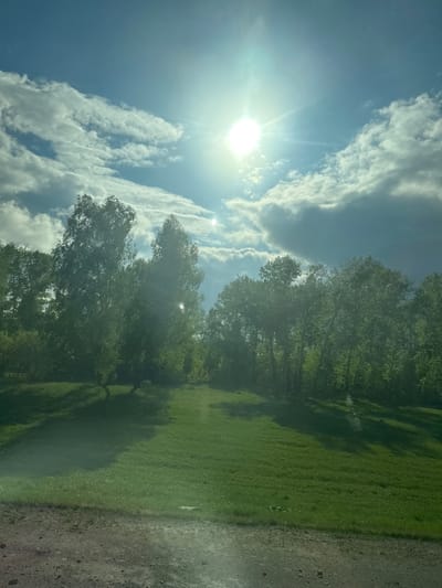 The image depicts a landscape with a bright sun and scattered clouds in the blue sky. A line of trees runs horizontally across the middle, casting shadows onto a green grassy area. The right side of the image shows a dirt or gravel path. The image is slightly blurry. The location is Bezmenovo, Russia.