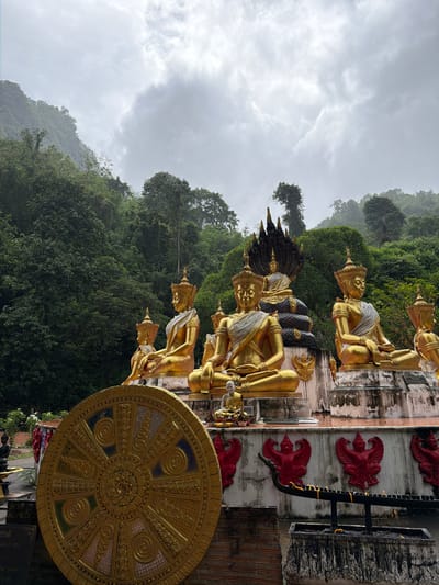 This image captures a serene religious site in Chiang Dao, Thailand, under an overcast sky. The central focus is a collection of golden Buddha statues arranged on tiered, white-painted platforms, set against a backdrop of lush, densely forested mountains.

In the foreground, to the left, a large, intricately detailed golden Dharma wheel stands vertically. Immediately behind it and extending across the lower part of the frame is a white wall adorned with multiple red bas-relief carvings depicting mythical bird-like figures, likely Garudas. In front of this wall, a dark, elongated offering tray or burner with remnants of candles or incense is visible.

The main group of statues consists of several golden Buddhas seated in meditation postures, each wearing ornate crowns and white sashes. The central and tallest statue features a multi-headed Naga (serpent) coiling behind and above it, forming a protective canopy. To the left of the prominent Naga-sheltered Buddha, a smaller, un-gilded figure resembling a monk is seated on a low platform. Another small golden Buddha statue sits on the ground directly in front of one of the larger golden Buddhas. The platforms supporting the statues exhibit some weathering and staining.

The background is dominated by steep, verdant mountains covered in dense tropical forest, suggesting a natural and secluded setting. The sky is largely obscured by thick, gray clouds, indicating an overcast day.