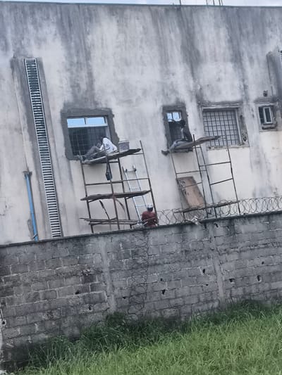 The image captures an outdoor scene in Obiaruku, Nigeria, focusing on the exterior of a building undergoing what appears to be construction or renovation work. The building features a weathered, light grey concrete facade with discolored patches, and several windows, some fitted with metal security bars.

Three individuals are visible. Two men are working on rudimentary scaffolding structures attached to the building at window level. On the left, a man in a white top and dark trousers is positioned on a wooden platform, seemingly working on a window or its frame. To his right, another man in dark clothing is similarly situated on scaffolding, attending to an adjacent window opening. A third person, wearing a red top, is partially obscured behind the lower concrete block wall, appearing to be seated or engaged in an activity near the base of the scaffolding.

The scaffolding is constructed from metal frames and wooden planks, appearing makeshift and lacking standard safety features like guardrails. A long, vertical metal structure, possibly a fixed ladder or part of a drainage system, is visible on the left side of the building, alongside a blue pipe. Below the building, a sturdy concrete block wall topped with coils of barbed or razor wire acts as a perimeter. In the immediate foreground, a stretch of green grass grows, indicating an unpaved outdoor area. The scene is illuminated by natural light, suggesting it is daytime. There is no visible text in the image.