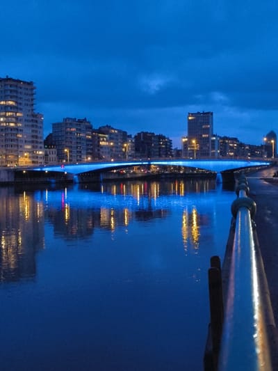 The image depicts an urban waterscape at night or during deep twilight in Liège, Belgium, focusing on the Pont Albert 1er bridge over the Meuse River. The sky is a deep indigo, exhibiting subtle cloud formations. The Meuse River occupies the lower half of the frame, its dark surface highly reflective.
The Pont Albert 1er, a multi-span bridge, traverses the river horizontally across the midground. Its underside and supports are uniformly illuminated with bright blue light. Multiple vehicle lights, both white and red, are discernible on the bridge deck, indicating vehicular traffic. A small red point of light is visible on the bridge structure, possibly a navigation or hazard light.
The river's surface displays elongated, distorted reflections of the bridge's blue illumination and the warmer, predominantly yellow-orange lights emanating from the distant city buildings.
On the left bank of the river, a dense cluster of multi-story buildings, including a prominent tall, light-colored structure with numerous windows, exhibits illuminated interiors. On the right bank, a similar urban development continues in the background, featuring another distinct taller building further downriver. Streetlights are visible along both banks.
In the immediate foreground, a metallic, tubular handrail with spherical decorative elements extends diagonally from the lower right quadrant towards the mid-right, partially reflecting ambient light. The ground surface adjacent to the railing appears dark and wet.
No human figures or distinct activities beyond vehicular movement on the bridge are observable within the frame.