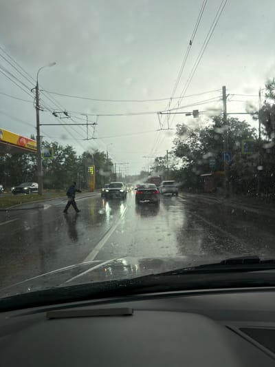The image shows a rainy street scene in Novoalexandrovka, Russia, taken from inside a vehicle. Cars are visible driving on the wet road. A pedestrian is crossing the street at a crosswalk. Overhead power lines are visible. There's a gas station with signage visible along the side of the road. The sky is overcast and gray.