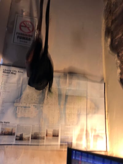 The image shows a room with a "Prohibido Fumar" (No Smoking) sign and a Liberty City Area Street Map taped to the wall. A black object, possibly clothing, hangs in front of the map. A TV screen is visible in the upper right corner. The top of the wall appears to be stone. The exact location in Beccar, Argentina, cannot be determined from the visual information provided. There are no people visible in the image.