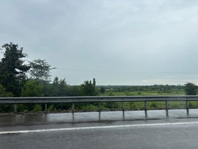 This media file captures a wet road with reflections of a metal guardrail and trees. The scene appears to be a roadside view in Lanchkhuti, Georgia, likely taken during the daytime under overcast, possibly rainy, weather conditions. The sky is a uniform grey, suggesting a cloudy or stormy atmosphere.
In the foreground, a wet asphalt road is visible, with a white line marking its edge. The surface of the road is covered in small puddles and streaks of water, indicating recent rainfall. A reflective metal guardrail runs horizontally across the middle of the frame, its poles casting distinct reflections on the wet road.
Behind the guardrail, a lush green landscape unfolds. Various types of trees, from dense foliage to taller, more slender ones, form a natural barrier. In the distance, a flat, green expanse stretches out, dotted with more trees and possibly a body of water, though it is not clearly defined due to the distance and atmospheric conditions. The overall impression is one of a natural, perhaps rural, setting during a period of wet weather. There are no visible people or text in the image. The mood is subdued, likely influenced by the overcast sky and the wet conditions.