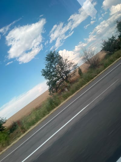 The media file displays a view from a moving vehicle, likely a car, traveling along a highway. The perspective is skewed, suggesting the camera is angled relative to the ground.

The scene features a two-lane asphalt road with distinct white lane markings, stretching diagonally across the frame. To the left of the road is a strip of green grass and some dry, brown vegetation, interspersed with the silhouettes of trees. The sky dominates the left portion of the image, a bright blue with scattered white, fluffy clouds, indicating it's daytime with fair weather. The clouds and some trees are reflected on what appears to be a window, adding a layered effect to the image. The reflection is strong enough that it's difficult to discern where the real environment ends and the reflection begins in some areas.

Notable details include the motion blur on the road, confirming the vehicle is in transit. The presence of a highway suggests a journey rather than a static location. The natural lighting and clear sky point to a sunny day, likely mid-morning or afternoon. No people are visible in the media. There is no visible text in the image.

Given the provided location context of Yelyzavetivka, Ukraine, the scene depicts a typical roadside view during a journey in that region. The environment appears somewhat rural or semi-rural, with open fields and scattered trees alongside the highway.