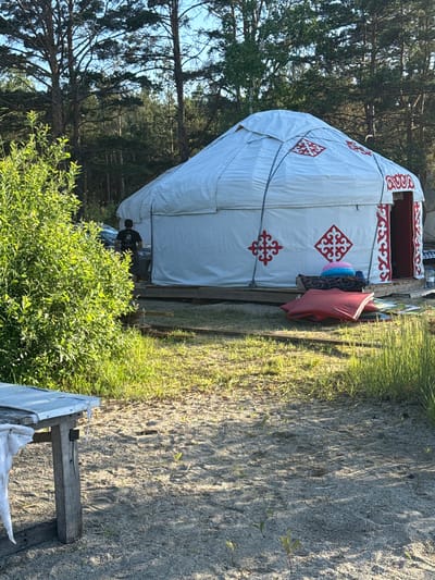 This media file captures a traditional white yurt nestled in a natural, outdoor setting, likely in Zerendi, Kazakhstan. The yurt, serving as the central subject, is made of white canvas and is adorned with striking red geometric patterns, including stylized motifs and borders, particularly around its entrance. Several items, such as brightly colored fabrics (blue, pink, and patterned dark fabric), are hanging near the yurt's entry.
The yurt is situated on a wooden platform. In the background, tall coniferous trees form a dense forest, suggesting a wooded environment. The ground surrounding the yurt is a mix of light-colored sandy dirt paths and patches of green grass and bushes. A person, visible in silhouette, stands near the yurt's entrance, partially obscured by green foliage, with a vehicle also partially visible behind them.
In the foreground, a rustic wooden bench-like structure is present on the sandy ground. The scene is illuminated by bright daylight, indicating clear weather, likely morning or late afternoon, as suggested by the direct sunlight and shadows. There is no discernible text visible in the image. The overall scene conveys a sense of a peaceful, traditional dwelling amidst nature.