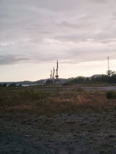 This image depicts a cloudy sky over a port or industrial area in Shalsky, Russia. In the background, several large cranes are visible, suggesting loading or unloading operations. A body of water can be seen behind a line of trees, and a communication tower stands on the right side of the frame. The foreground consists of dry grass and gravel, with some scattered vegetation. The overall impression is of an overcast day in a functional, possibly remote, industrial setting.